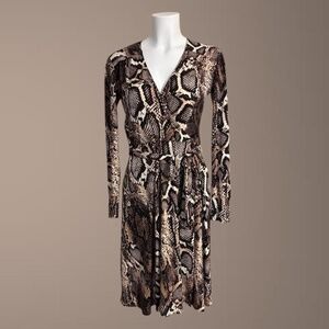 Women's Donna Morgan Brown & Black Snakeskin Long Sleeve Wrap Midi Dress, Size 6